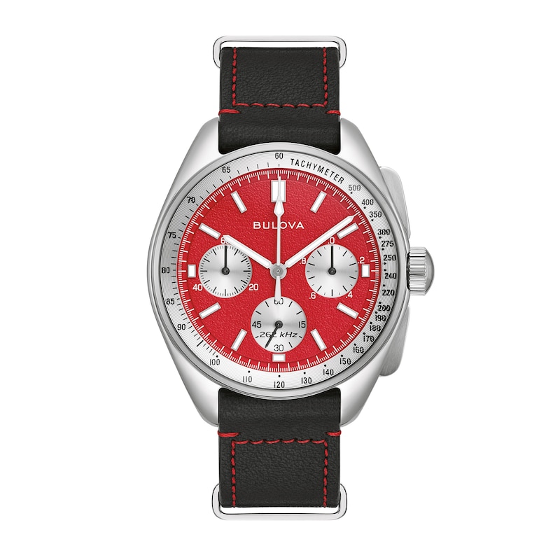 Main Image 5 of Men's Bulova Lunar Pilot Chronograph Watch with Red Dial and Interchangeable Black Leather Strap (Model: 96K115)