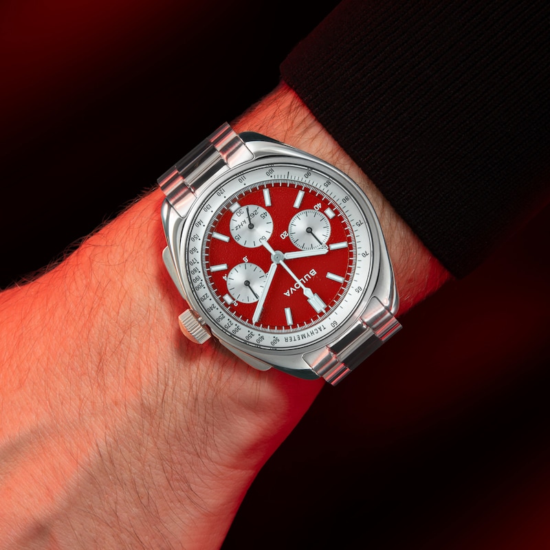 Main Image 6 of Men's Bulova Lunar Pilot Chronograph Watch with Red Dial and Interchangeable Black Leather Strap (Model: 96K115)