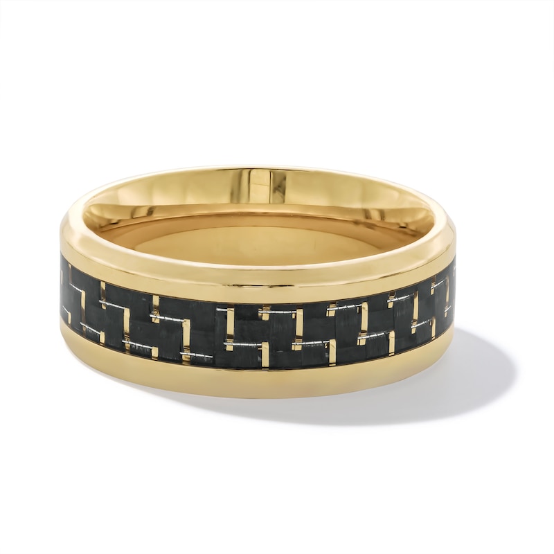 Main Image 3 of 8.0mm Carbon Fibre Inlay Bevelled Edge Wedding Band in Stainless Steel with Yellow Ion Plate - Size 10