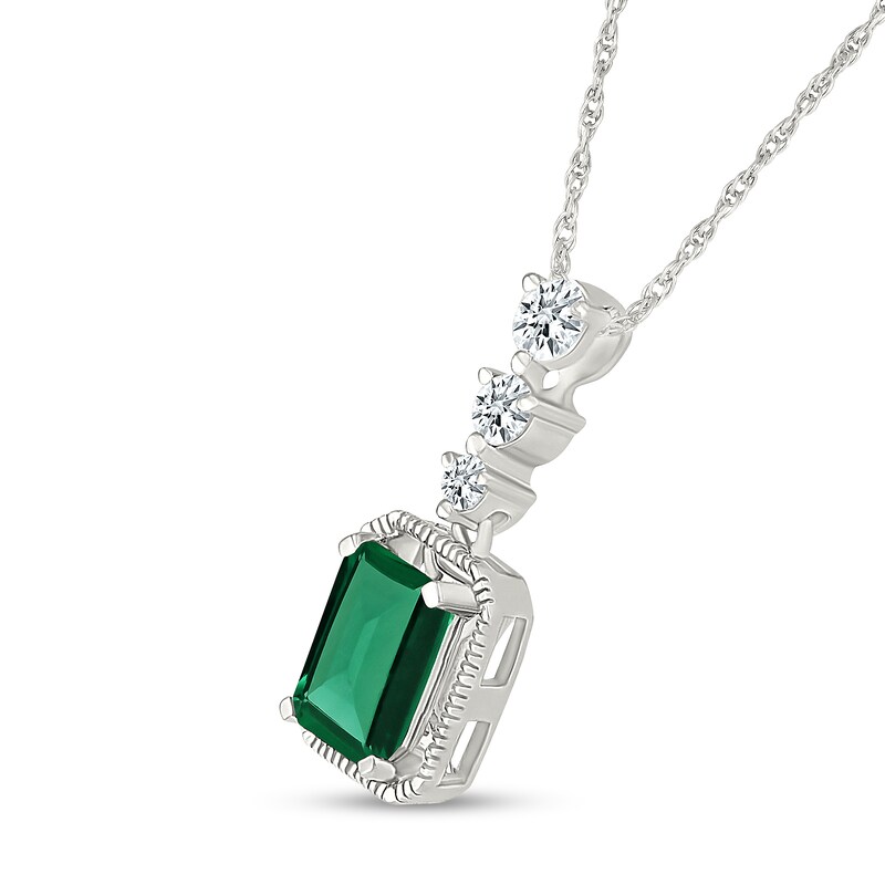 Main Image 2 of Emerald-Cut Lab-Created Emerald and White Lab-Created Sapphire Vintage-Style Drop Pendant in Sterling Silver