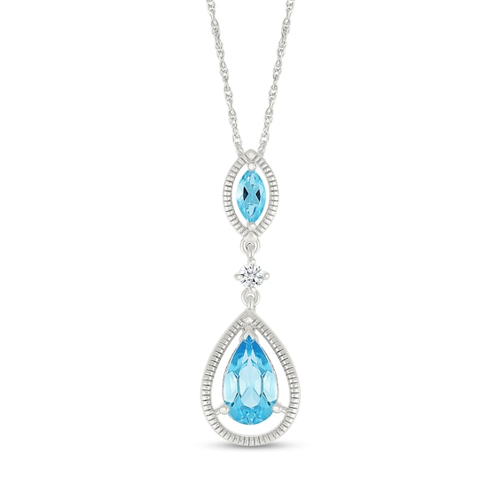 Marquise and Pear-Shaped Swiss Blue Topaz with White Lab-Created Sapphire Vintage-Style Drop Pendant in Sterling Silver