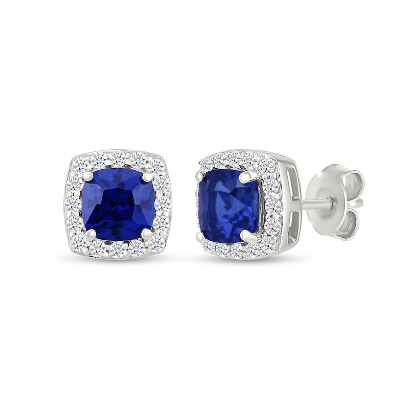 Main Image 1 of 5.0mm Cushion-Cut Blue and White Lab-Created Sapphire Frame Stud Earrings in Sterling Silver