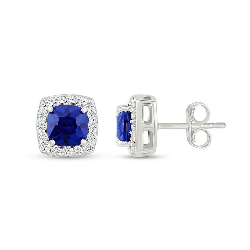 Main Image 2 of 5.0mm Cushion-Cut Blue and White Lab-Created Sapphire Frame Stud Earrings in Sterling Silver