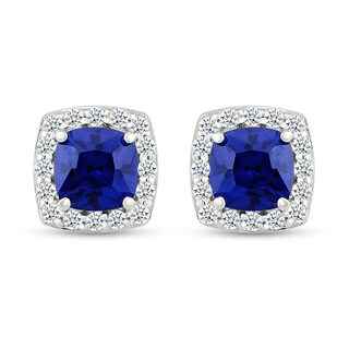 5.0mm Cushion-Cut Blue and White Lab-Created Sapphire Frame Stud Earrings in Sterling Silver