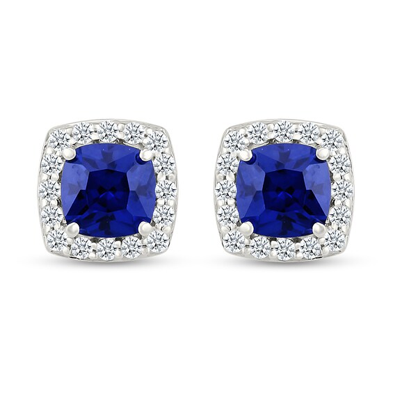 5.0mm Cushion-Cut Blue and White Lab-Created Sapphire Frame Stud Earrings in Sterling Silver
