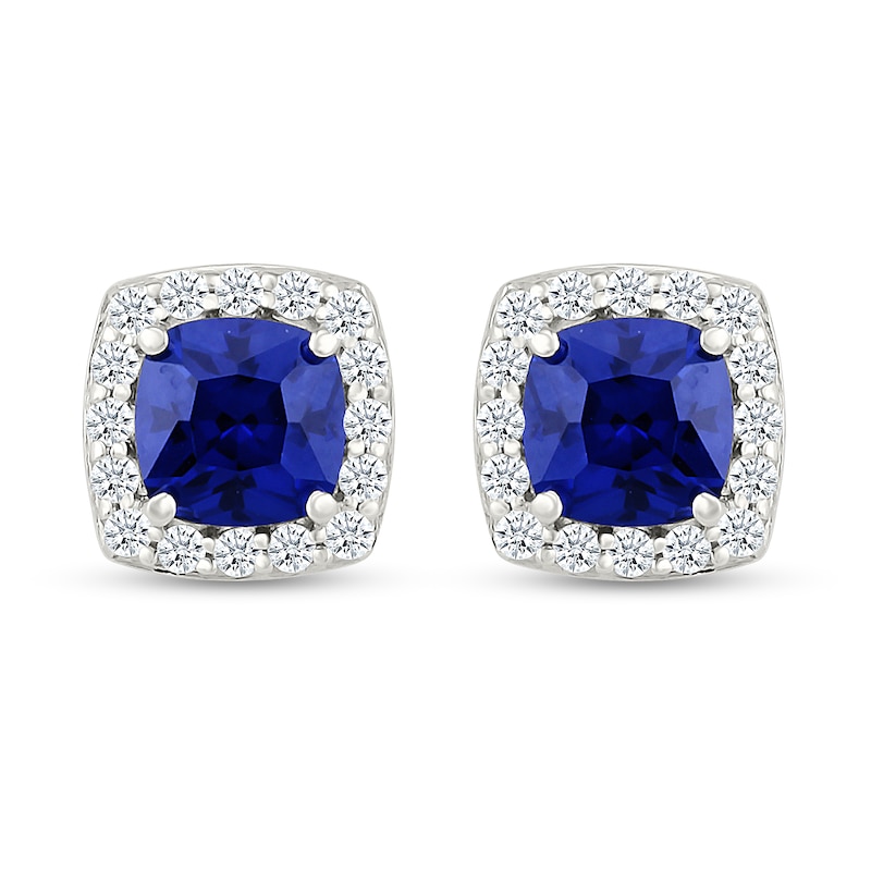 Main Image 3 of 5.0mm Cushion-Cut Blue and White Lab-Created Sapphire Frame Stud Earrings in Sterling Silver