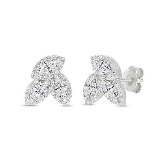 Marquise and Round White Lab-Created Sapphire Frame Trio Cluster Stud Earrings in Sterling Silver