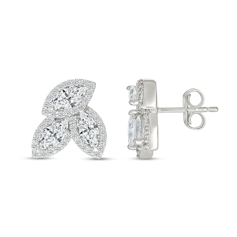 Main Image 2 of Marquise and Round White Lab-Created Sapphire Frame Trio Cluster Stud Earrings in Sterling Silver