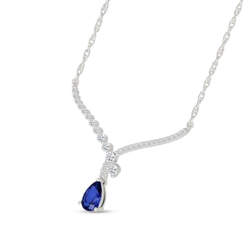 Main Image 2 of Pear-Shaped Blue and White Lab-Created Sapphire Crossover "V" Necklace in Sterling Silver