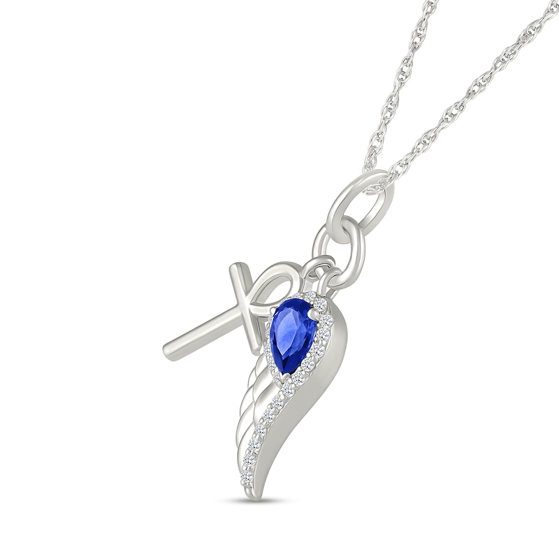 Pear-Shaped Blue and White Lab-Created Sapphire Ankh Cross and Angel Wing Double Charm Pendant in Sterling Silver