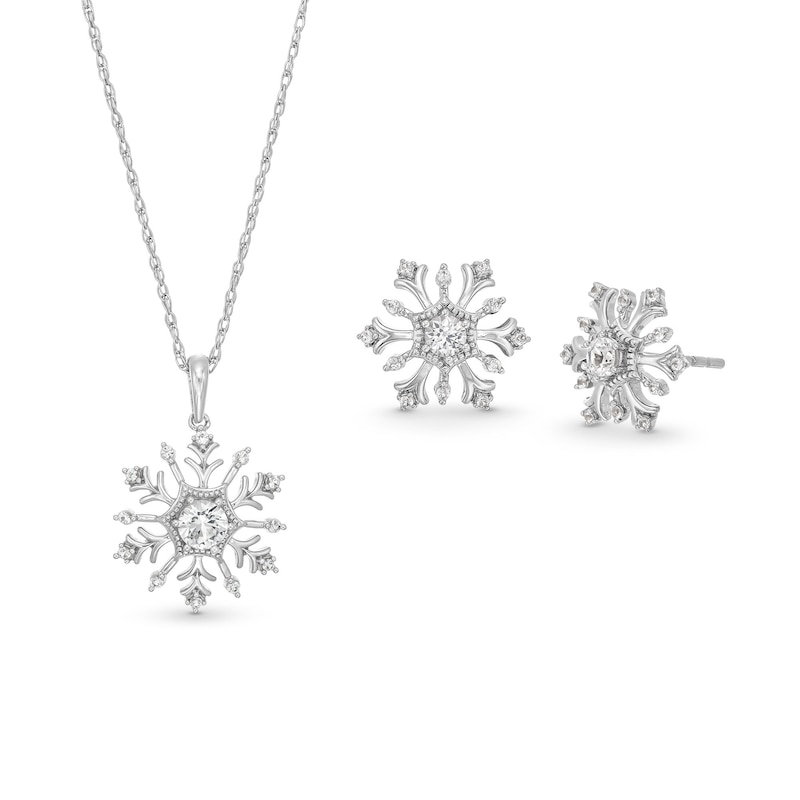 Main Image 1 of White Lab-Created Sapphire Snowflake Pendant and Stud Earrings Set in Sterling Silver