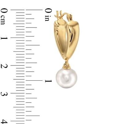 7.5-8.0mm Freshwater Cultured Pearl Dangle Hoop Earrings in Sculpted Hollow 14K Gold
