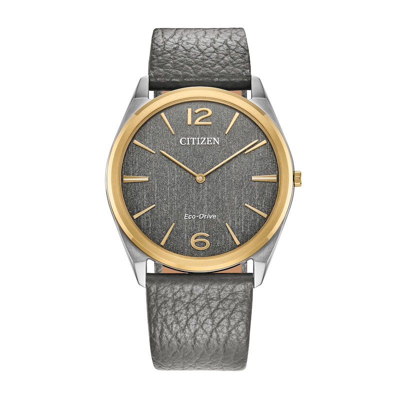 Main Image 1 of Unisex Citizen Eco-Drive® Dress Classic Gold-Tone IP Leather Strap Watch with Grey Dial (Model: AR3124-07H)