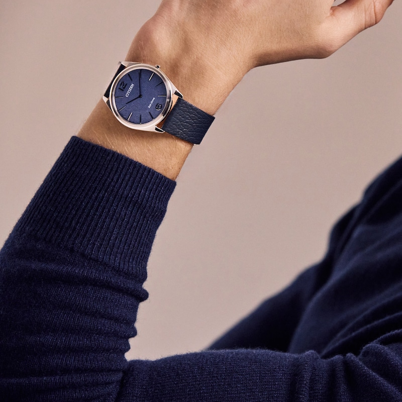 Main Image 4 of Unisex Citizen Eco-Drive® Dress Classic Blue Leather Strap Watch with Blue Dial (Model: AR3120-08L)