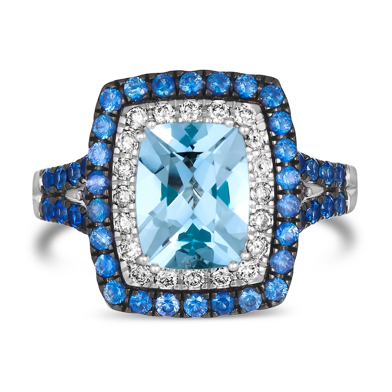 Main Image 4 of Le Vian® Sea Blue Aquamarine® and Blueberry Sapphire™ with Diamond Double Cushion Frame Ring in 14K Vanilla Gold®