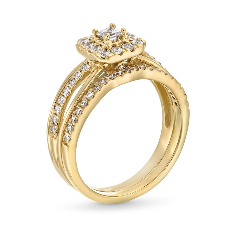 Main Image 3 of 0.62 CT. T.W. Princess-Cut Canadian Certified Centre Diamond Cushion Frame Split Shank Bridal Set in 10K Gold (I/I2)