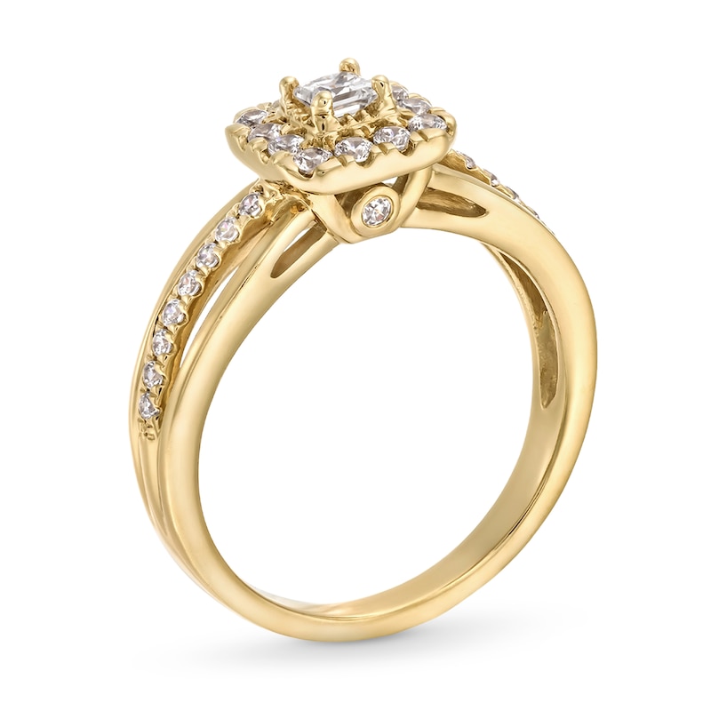 Main Image 4 of 0.62 CT. T.W. Princess-Cut Canadian Certified Centre Diamond Cushion Frame Split Shank Bridal Set in 10K Gold (I/I2)