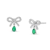 Thumbnail Image 1 of Pear-Shaped Lab-Created Emerald and White Lab-Created Sapphire Bow Drop Earrings in Sterling Silver