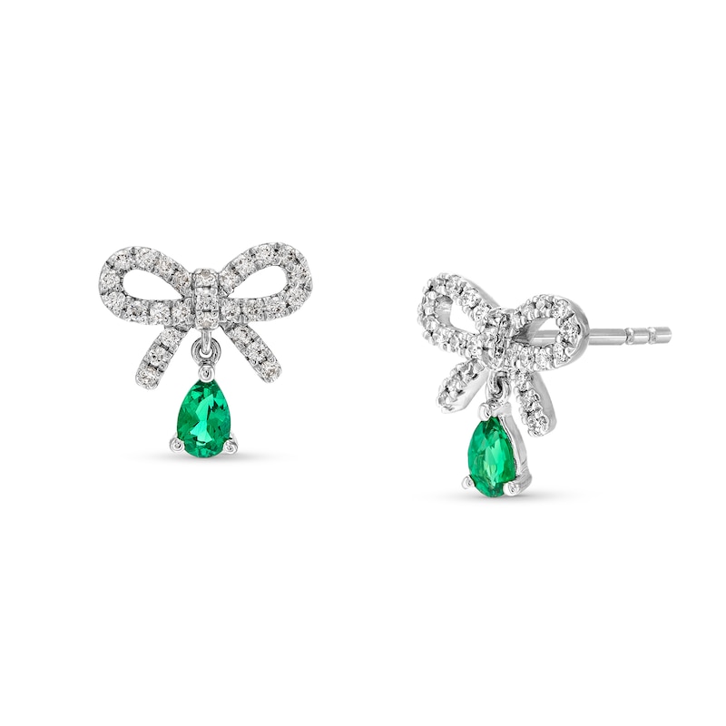 Main Image 1 of Pear-Shaped Lab-Created Emerald and White Lab-Created Sapphire Bow Drop Earrings in Sterling Silver