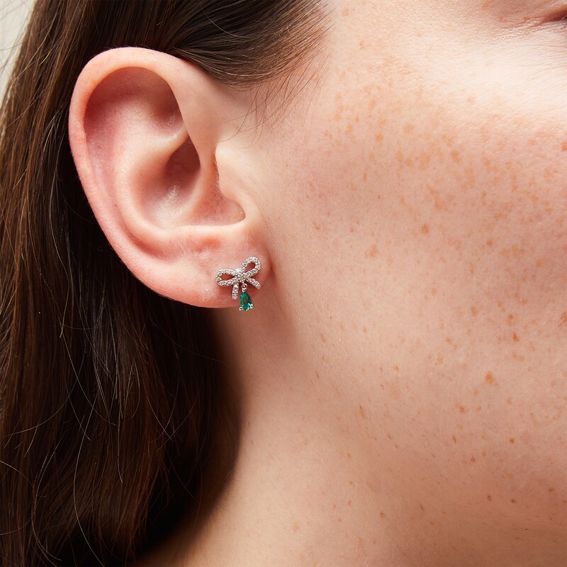 Main Image 2 of Pear-Shaped Lab-Created Emerald and White Lab-Created Sapphire Bow Drop Earrings in Sterling Silver