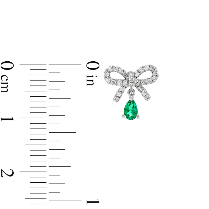Main Image 3 of Pear-Shaped Lab-Created Emerald and White Lab-Created Sapphire Bow Drop Earrings in Sterling Silver