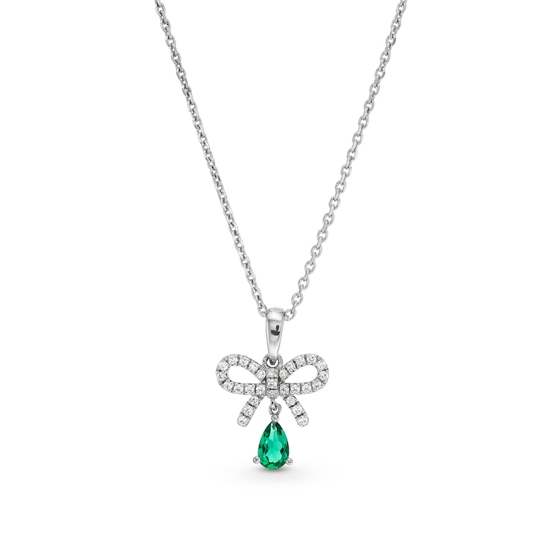 Main Image 1 of Pear-Shaped Lab-Created Emerald and White Lab-Created Sapphire Bow Pendant in Sterling Silver
