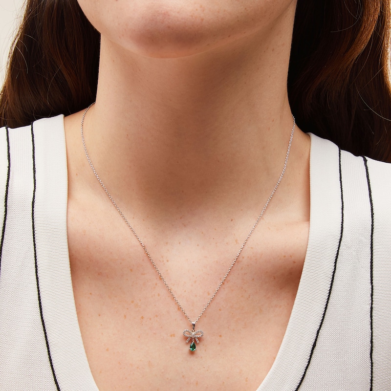 Main Image 2 of Pear-Shaped Lab-Created Emerald and White Lab-Created Sapphire Bow Pendant in Sterling Silver