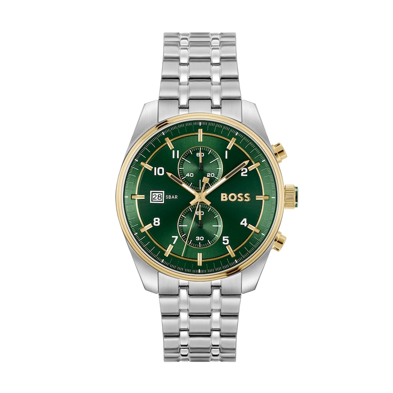Main Image 1 of Men's Hugo Boss Skytraveller Two-Tone IP Chronograph Watch with Green Dial (Model: 1514195)