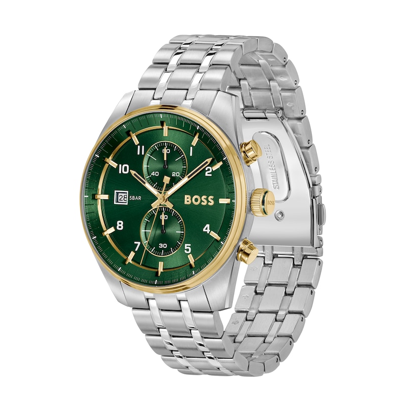 Main Image 2 of Men's Hugo Boss Skytraveller Two-Tone IP Chronograph Watch with Green Dial (Model: 1514195)