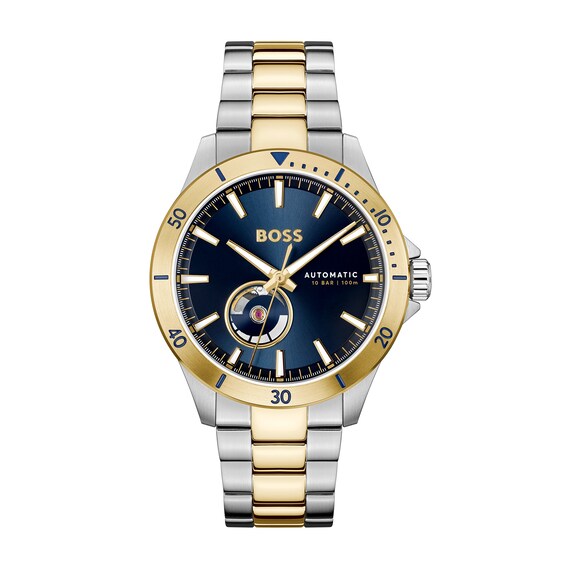 Men's Hugo Boss Troper Two-Tone IP Automatic Watch with Blue Dial (Model: 1514201)