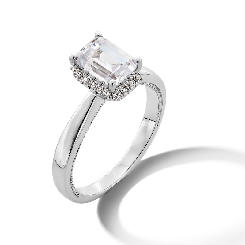 Main Image 3 of 1.40 CT. T.W. Emerald-Cut Certified Lab-Grown Diamond Frame Engagement Ring in 14K White Gold (F/SI2)