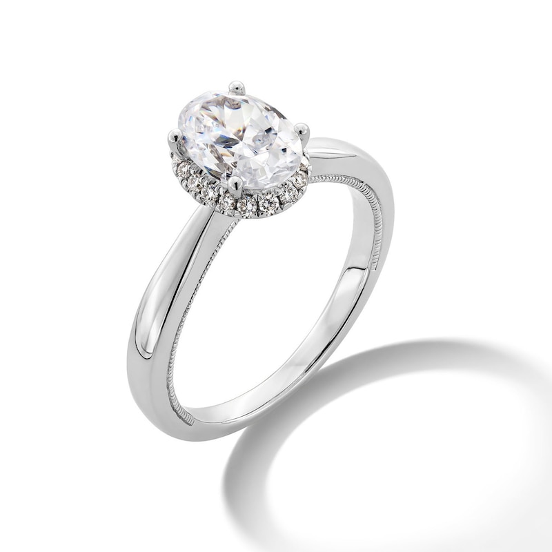 Main Image 3 of 1.40 CT. T.W. Oval Certified Lab-Grown Diamond Frame Engagement Ring in 14K White Gold (F/SI2)