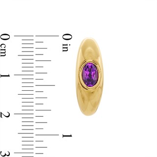 Oval Amethyst Solitaire Open Hoop Earrings in Sculpted Hollow 14K Gold