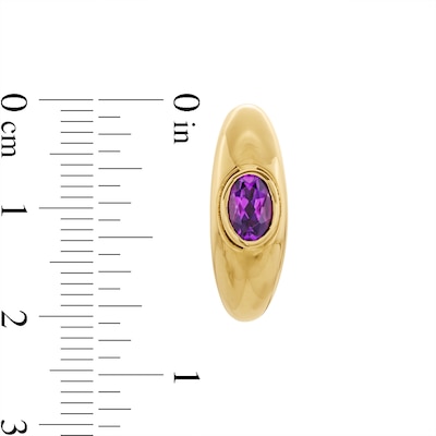 Oval Amethyst Solitaire Open Hoop Earrings in Sculpted Hollow 14K Gold