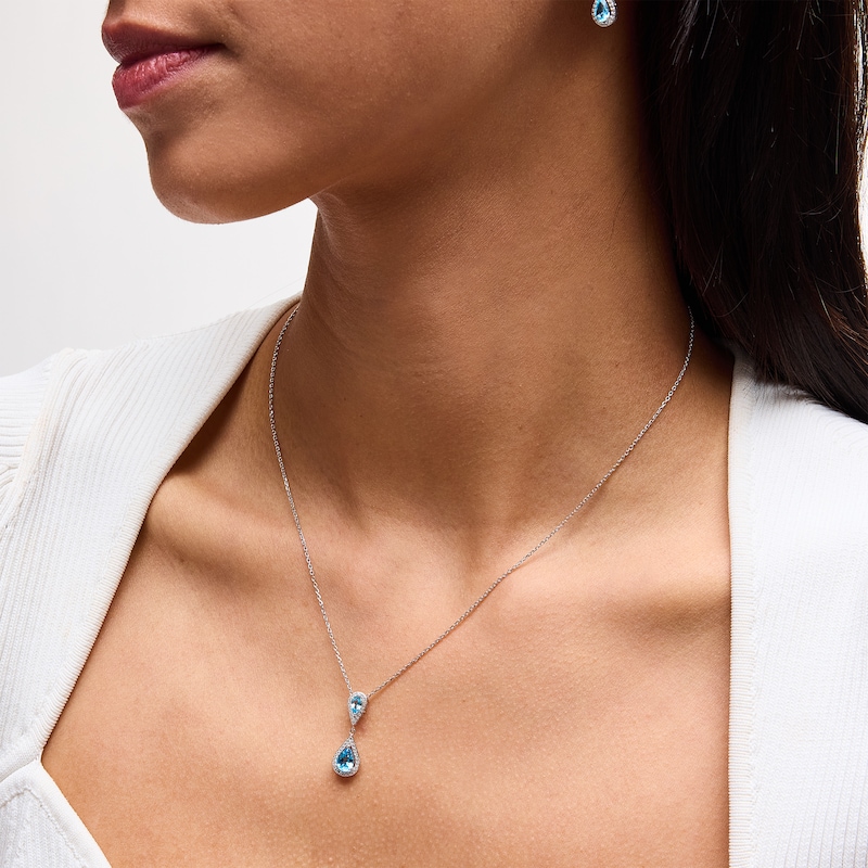 Main Image 2 of Pear-Shaped Swiss Blue Topaz and White Lab-Created Sapphire Drop Pendant and Earrings Set in Sterling Silver