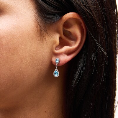 Pear-Shaped Swiss Blue Topaz and White Lab-Created Sapphire Drop Pendant and Earrings Set in Sterling Silver