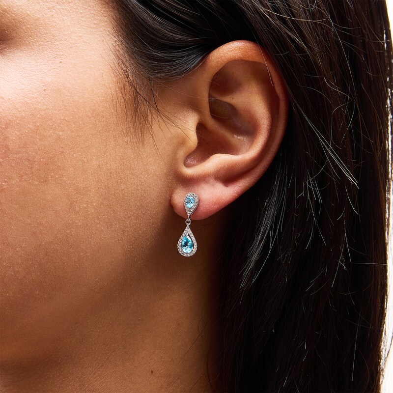 Main Image 3 of Pear-Shaped Swiss Blue Topaz and White Lab-Created Sapphire Drop Pendant and Earrings Set in Sterling Silver