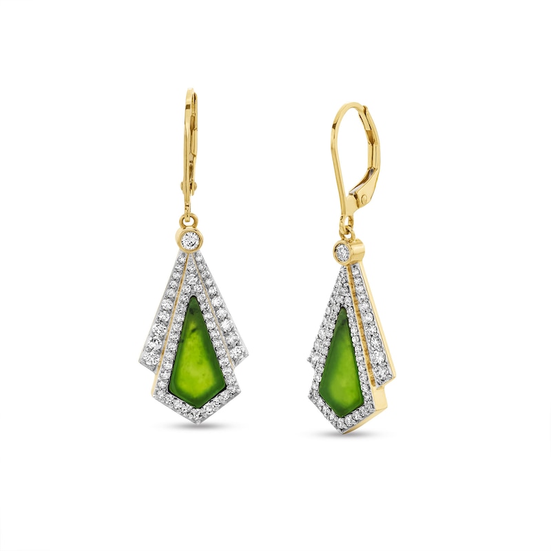Main Image 1 of Kite-Shaped Jade and 0.70 CT. T.W. Diamond Frame Fan Drop Earrings in 14K Gold