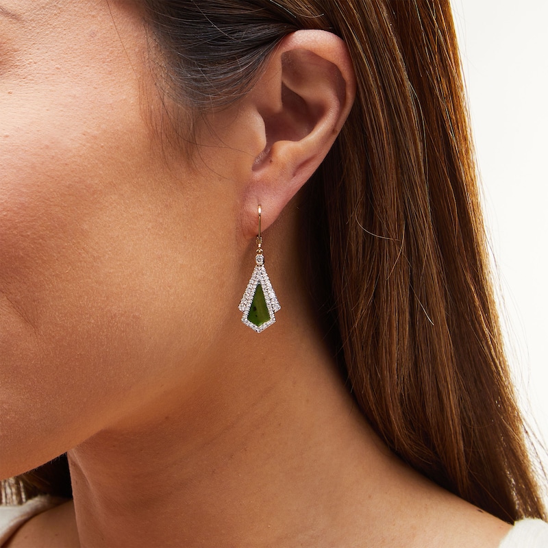 Main Image 2 of Kite-Shaped Jade and 0.70 CT. T.W. Diamond Frame Fan Drop Earrings in 14K Gold
