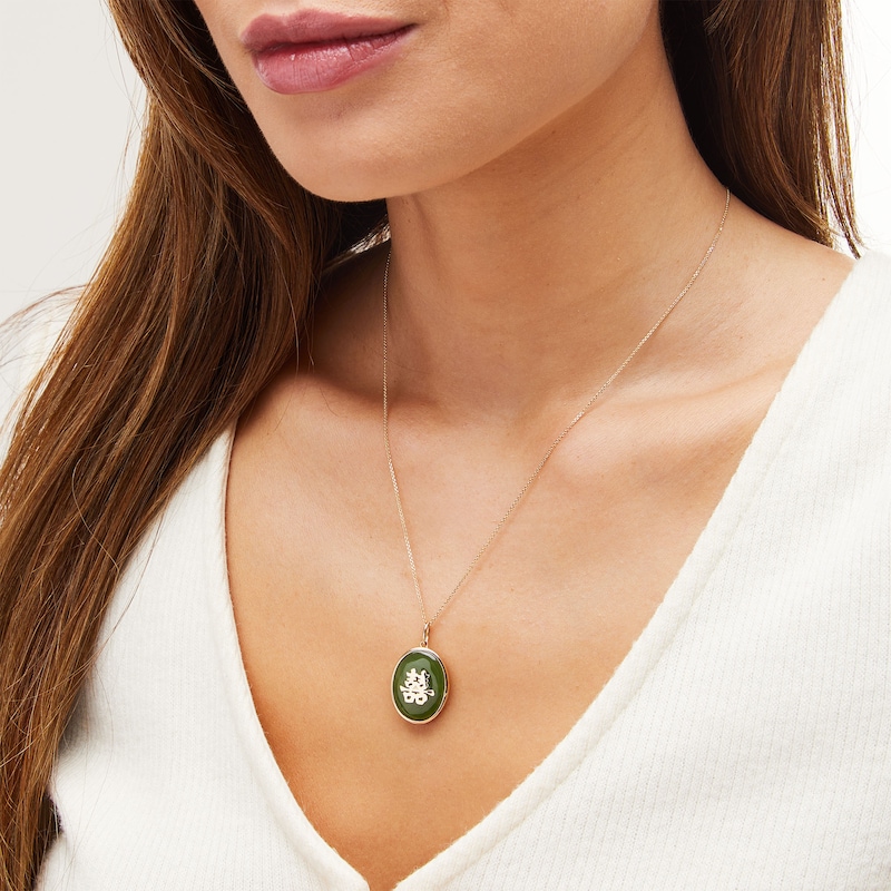 Main Image 2 of Oval Jade with Chinese "Happiness" Locket Pendant in 14K Gold