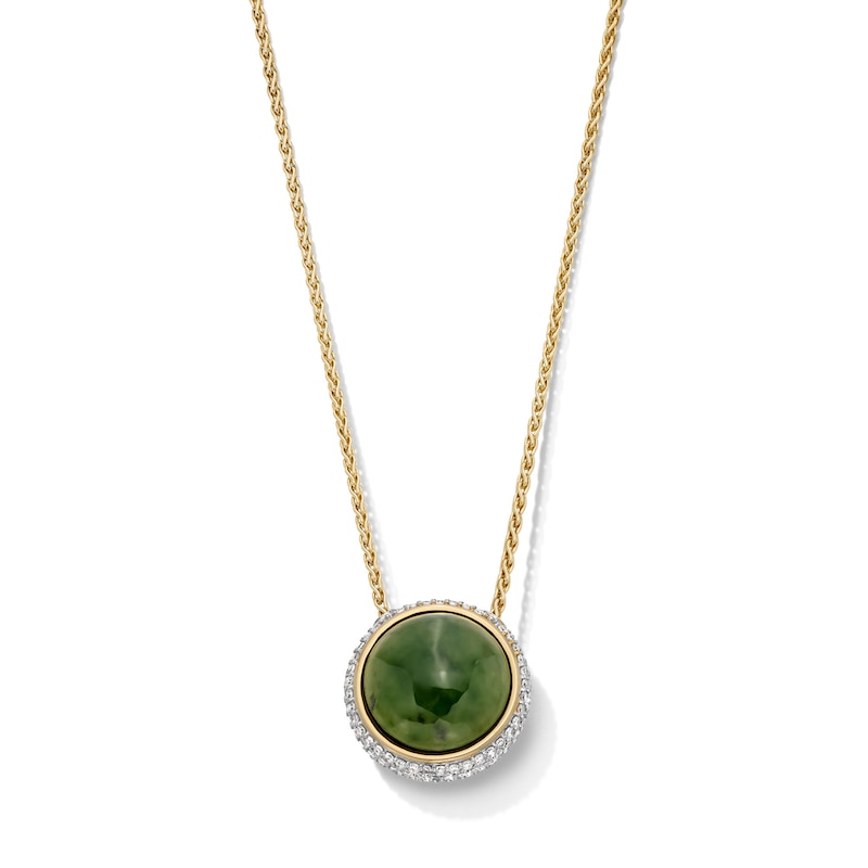 Main Image 1 of 12.0mm Green and White Jade with 0.50 CT. T.W. Diamond Frame Reversible Bolo Necklace in 14K Gold - 26"