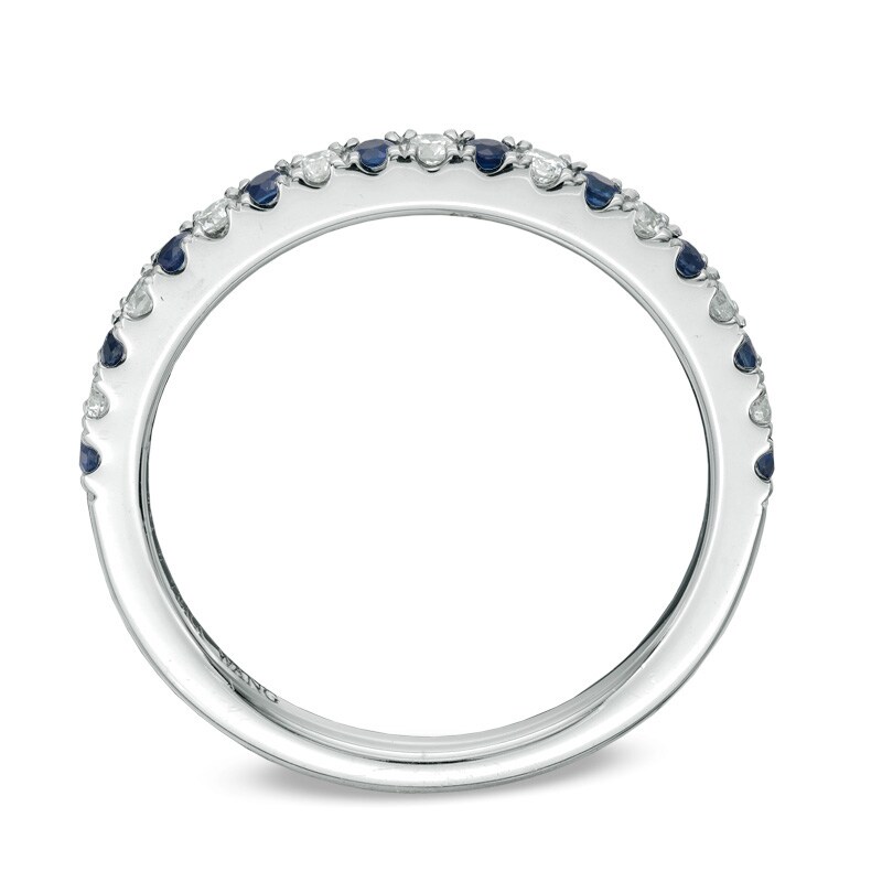 Previously Owned Vera Wang Love Collection 0.14 CT. T.W. Diamond and Blue Sapphire Band in 14K White Gold