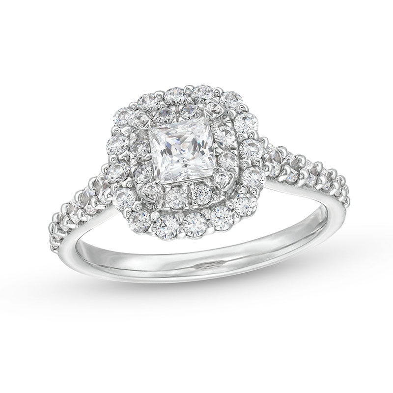 Previously Owned - 1.25 CT. T.W. Princess-Cut Certified Diamond Scallop Frame Engagement Ring in 10K White Gold (I/I2)