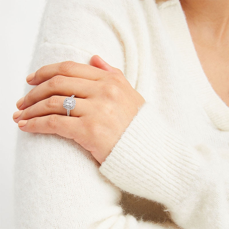 Previously Owned - 1.25 CT. T.W. Princess-Cut Certified Diamond Scallop Frame Engagement Ring in 10K White Gold (I/I2)