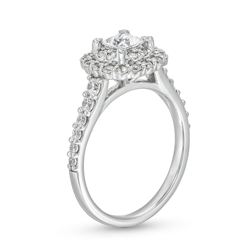 Previously Owned - 1.25 CT. T.W. Princess-Cut Certified Diamond Scallop Frame Engagement Ring in 10K White Gold (I/I2)