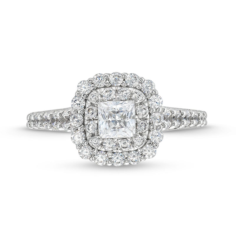 Previously Owned - 1.25 CT. T.W. Princess-Cut Certified Diamond Scallop Frame Engagement Ring in 10K White Gold (I/I2)