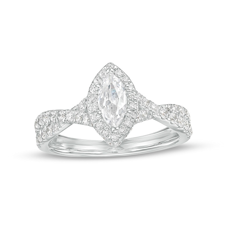 Previously Owned - 1.00 CT. T.W. Certified Canadian Marquise Diamond Frame Twist Shank Engagement Ring in 14K White Gold (I/SI2)