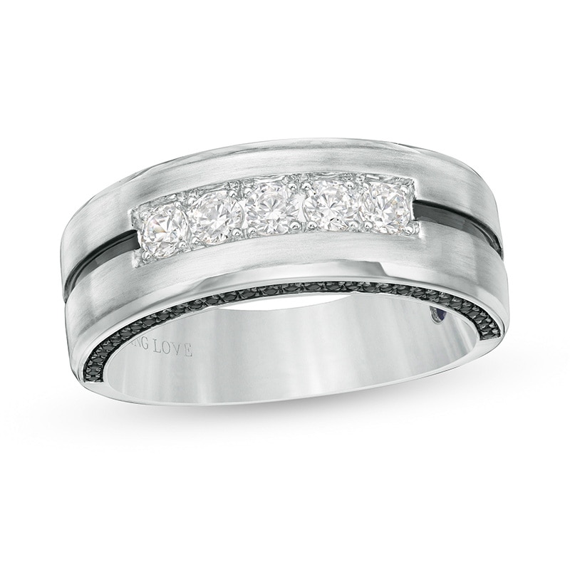 Previously Owned - Vera Wang Men's 0.69 CT. T.W. Black and White Diamond Five Stone Wedding Band in 14K White Gold