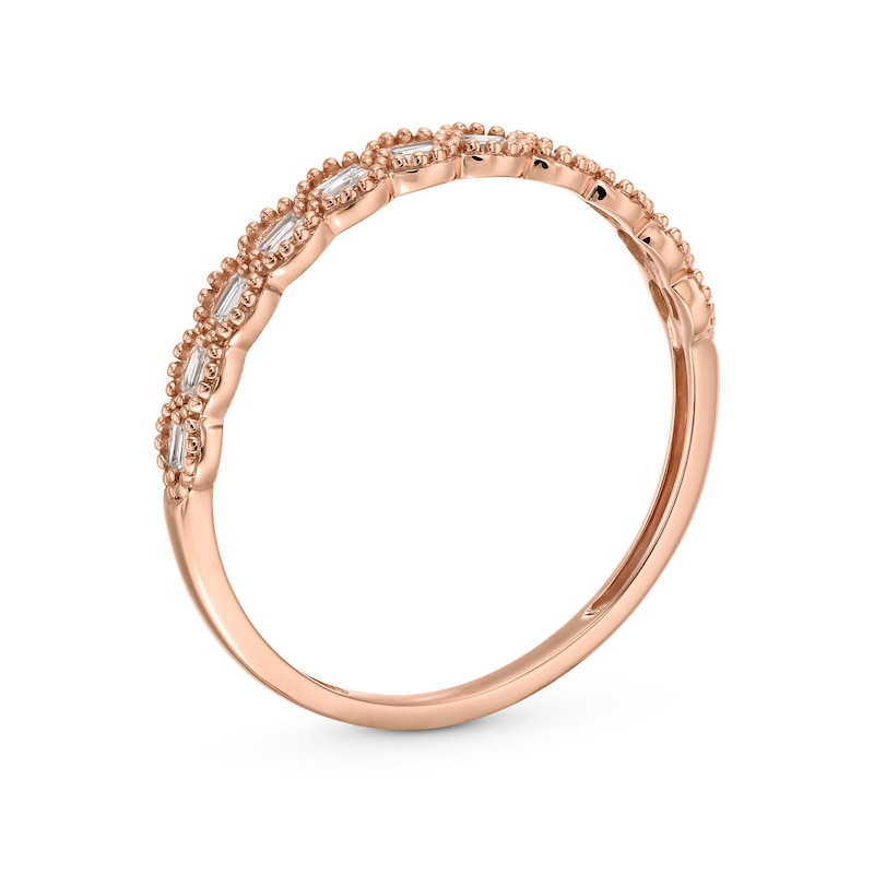 Main Image 3 of 0.065 CT. T.W. Baguette Diamond Scallop Edge Vintage-Style Stackable Anniversary Band in 10K Rose Gold