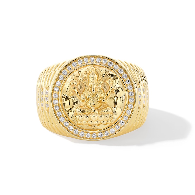 Main Image 1 of 0.30 CT. T.W. Diamond Frame Ganesha Ribbed Shank Signet Ring in 18K Gold